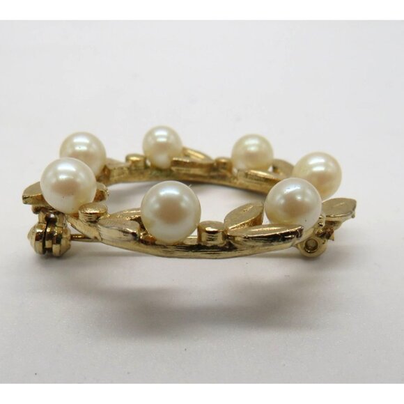 Vintage Brooch Gold Tone Leaf Imitation Pearl Wreath 1.25" Pin - Picture 7 of 11